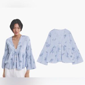 ZARA 100% cotton denim chambray bohemian smock peasant top with floral design